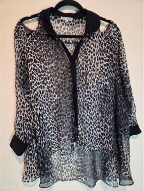 Cecico Sheer Black and White Animal Print Cold Shoulder Blouse, S